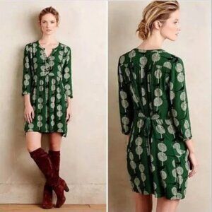 Anthropologie Maeve Devery Mini Shirt Dress Sz S Womans Green Bird Print